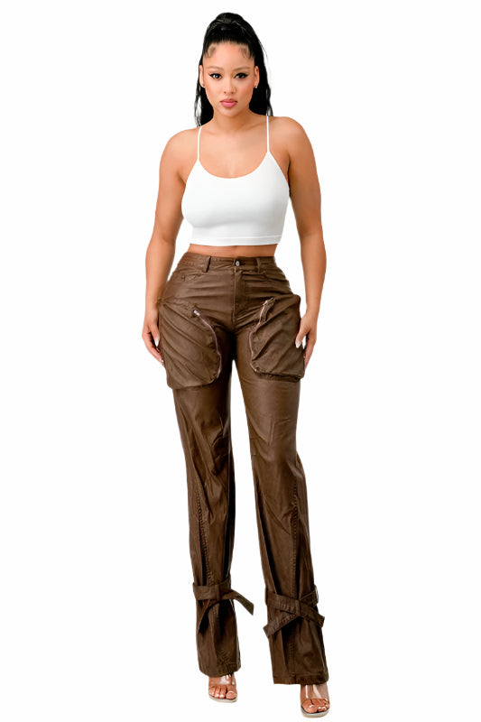 Athina PU Brown Cargo Pants