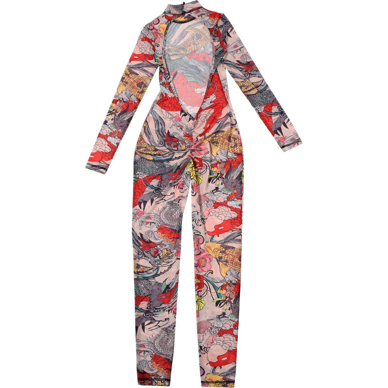Turtleneck Button Printed Backless Tight Jumpsuit