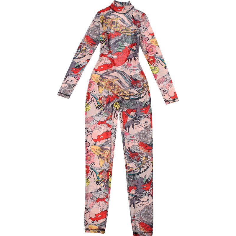Turtleneck Button Printed Backless Tight Jumpsuit