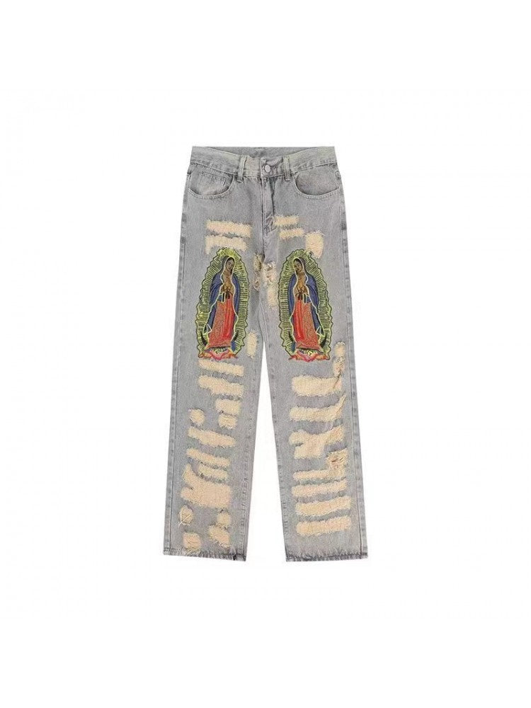 Embroidery Wear Out Straight Denim Jeans