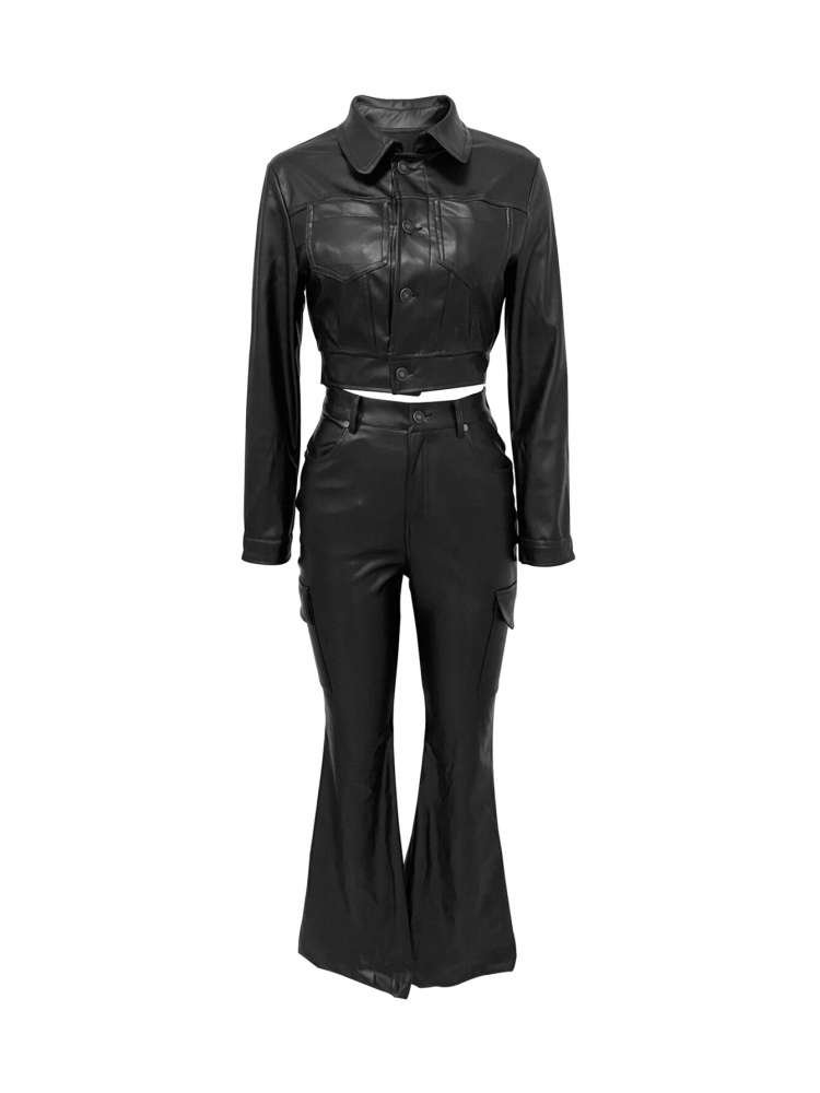 PU Button Up Cropped Peacoat Pant Sets