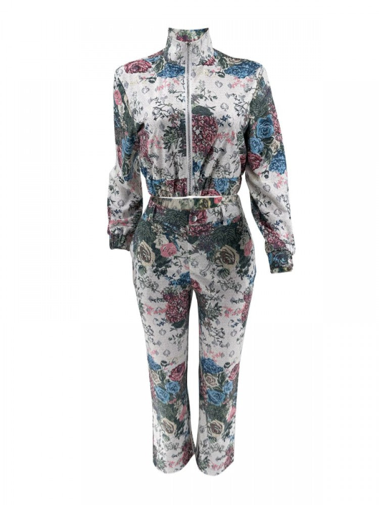 Floral Printed Zipper Coats Pant Sets