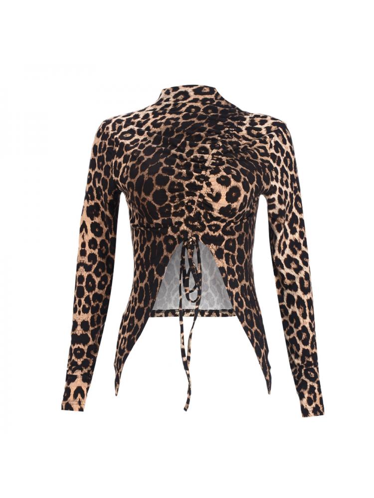 Leopard Split Drawstring Shirt