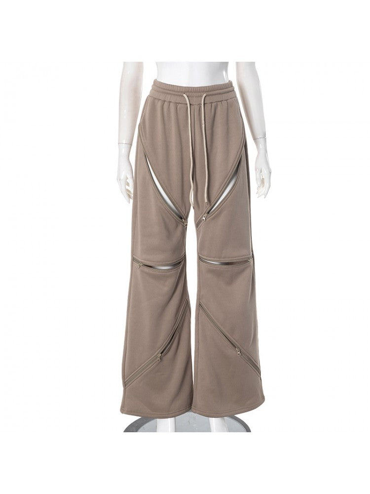 Hollow-out Zipper Patchwork Wide Leg Pants